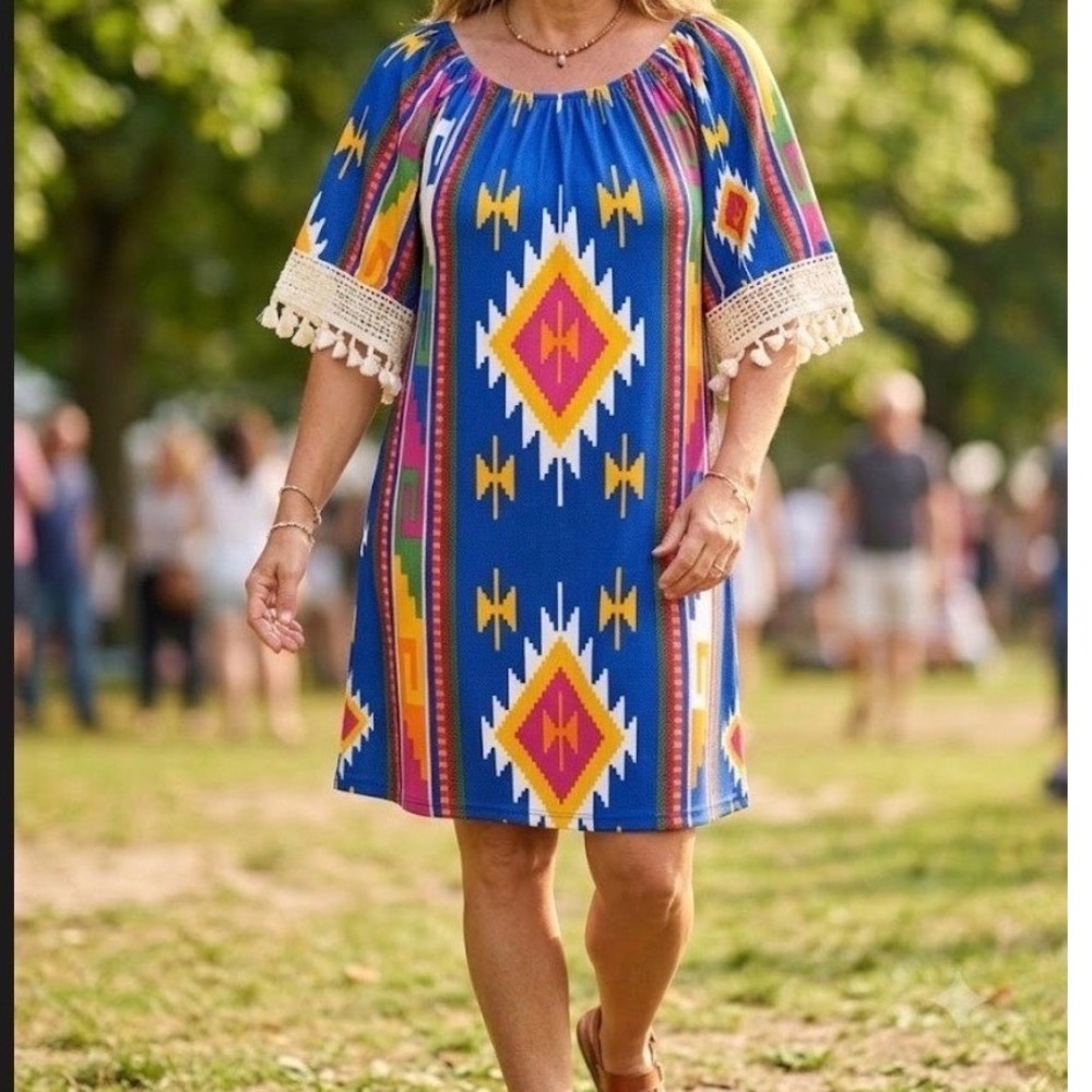 2B Together Southwestern Geometric Tassel Bell Sleeve Mini Dress Blue‎ Womens M